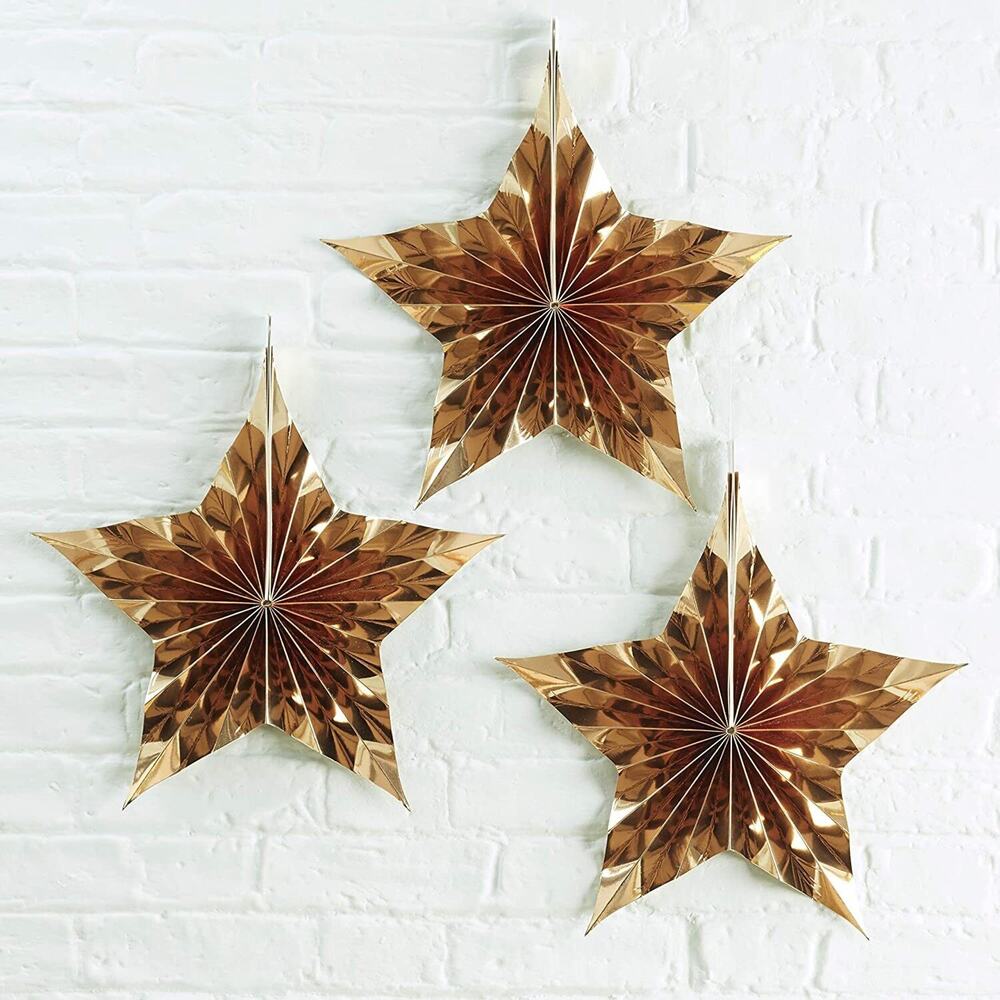 Ginger Ray 3 Gold Star Fan Decorations Metallic Paper Stars Party Decor